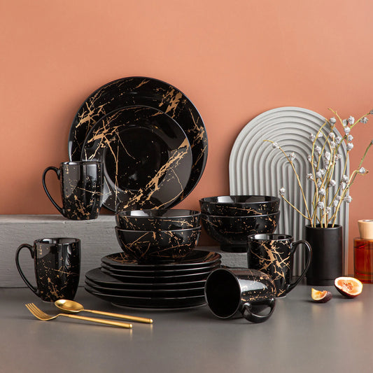 16 Piece Black & Gold Porcelain Dinnerware Set